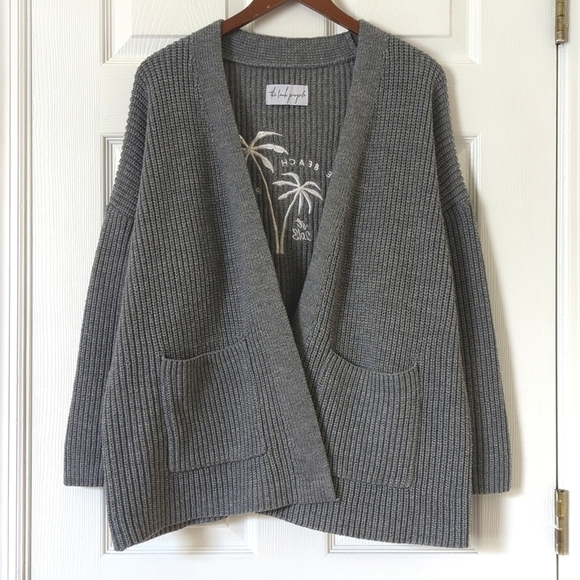The Beach People The Twin Palms Ribbed Knit Open Front Cardigan Sweater Gray M/L - Picture 1 of 14